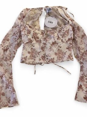Princess Polly Taupe Floral Tie-Front Long Sleeve Crop Top